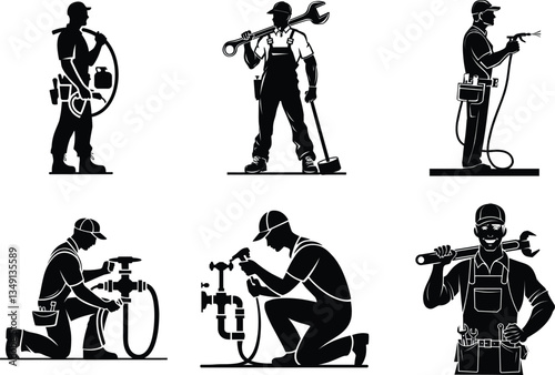Plumber silhouette working on pipes clipart black silhouette isolated on white background. plumber repairing complex piping system, minimalist logo, vector illustration.