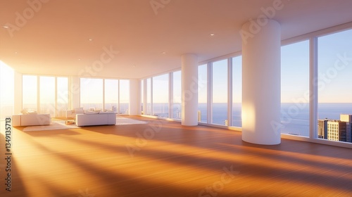 A bright  modern interior space with large windows offering a stunning view of the ocean at sunset  featuring minimalistic furniture and warm wooden floors  sustainable living lifestyle.