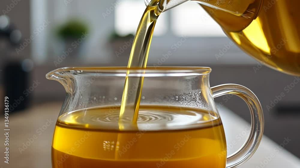 Freshly brewed herbal tea poured into a glass pitcher in a well-lit kitchen setting during the morning hours