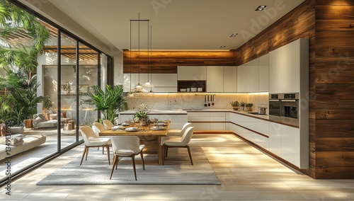 Modern Tropical Kitchen Dining Area with Patio View