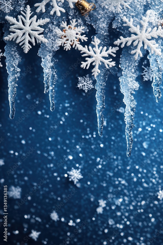 Blue Winter Background with Snowflakes and Icicles.