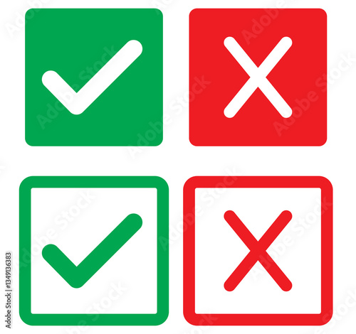 Green check mark, red cross mark icon set. Isolated tick symbols, checklist signs, approval badge. Flat and modern checkmark design, vector illustration.