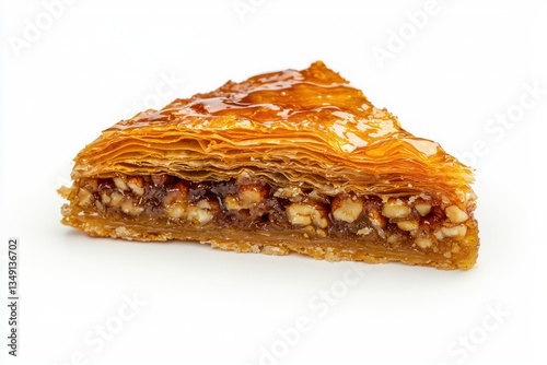 Delectable baklava piece filled with nuts and honey syrup on a pristine white backdrop creating a warm ambiance