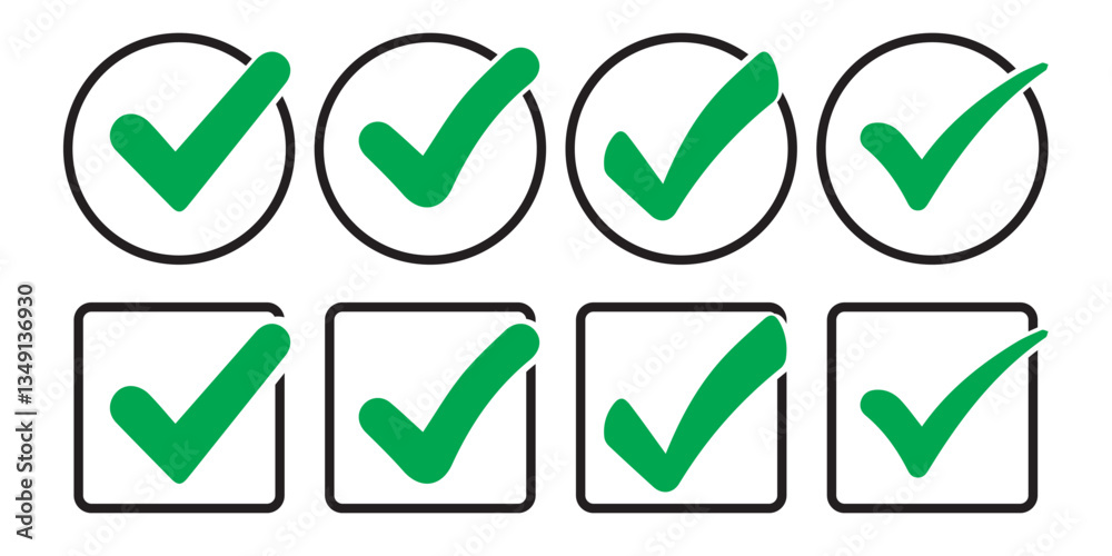 Green check mark, red cross mark icon set. Isolated tick symbols, checklist signs, approval badge. Flat and modern checkmark design, vector illustration. Green check mark, red cross mark icon set. Isolated tick symbols, checklist signs, approval badge. Flat and modern checkmark design, vector illustration.