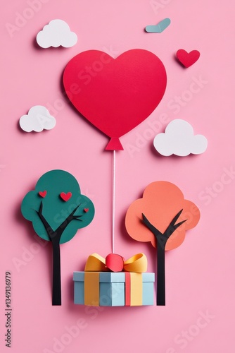 Obraz na płótnie Flying Heart Balloon with Gift Box and Clouds. w salonie