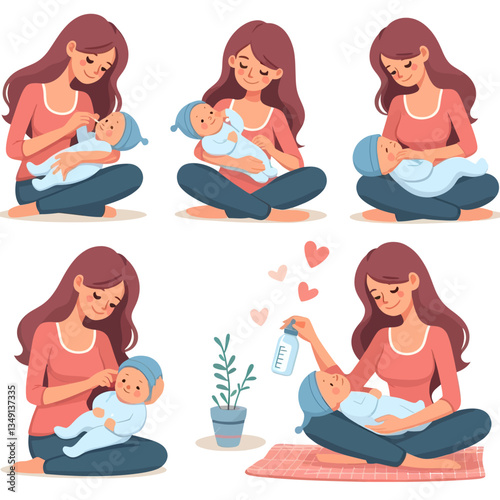 Ilustracja wektorowa matki i dziecka w stylu flat na białym przezroczystym tle clipart, symbolizująca macierzyństwo i miłość w graficznym formacie wektorowym.