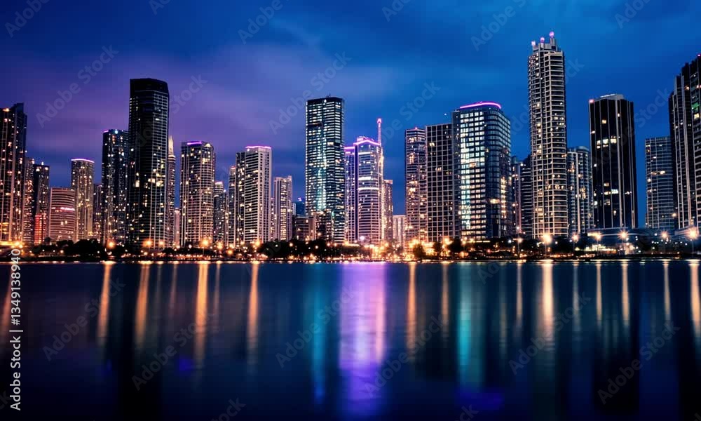 Night cityscape reflection on calm waters, modern architecture illuminated, vibrant colors, urban beauty, tranquil scene, stunning skyline, nighttime photography. Night cityscape reflection on calm waters, modern architecture illuminated, vibrant colors, urban beauty, tranquil scene, stunning skyline, nighttime photography.