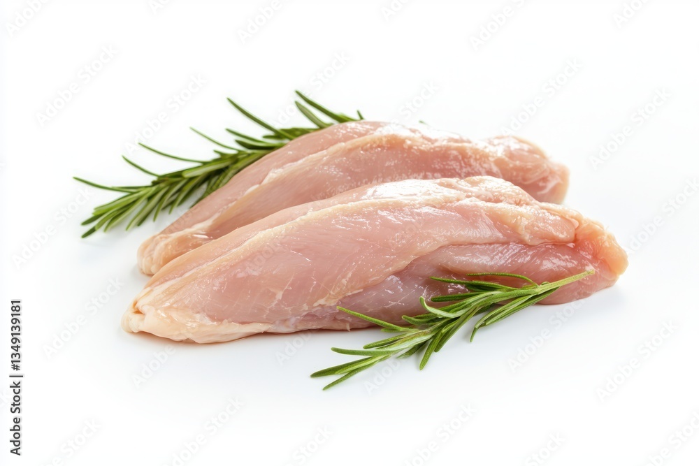 Fresh and Juicy chicken breasts with sprigs of rosemary on a white background viewed from low angle Fresh and Juicy chicken breasts with sprigs of rosemary on a white background viewed from low angle
