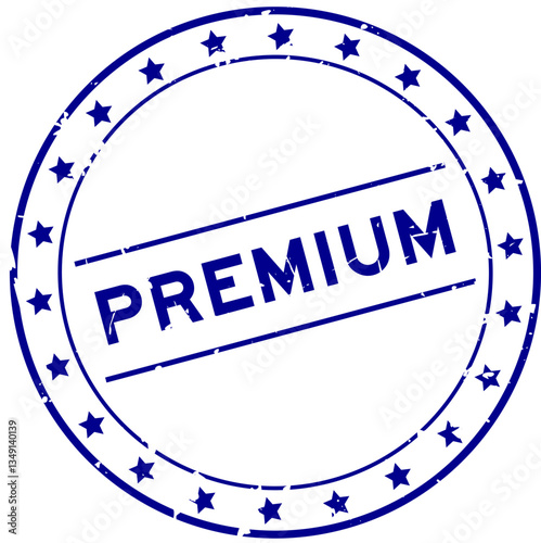 Grunge blue premum word round rubber seal stamp on white background