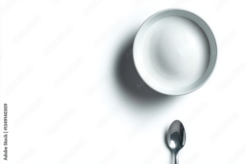 Clean Top View of White Soup Bowl with Silver Spoon on White Background Stock Photo Minimalistic Clean Top View of White Soup Bowl with Silver Spoon on White Background Stock Photo Minimalistic