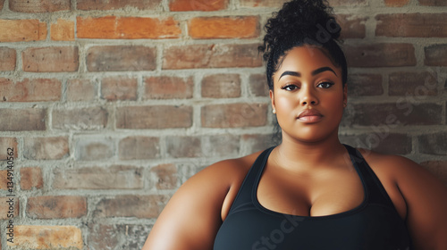 Portrait of beautiful overweight fitness young woman on studio background