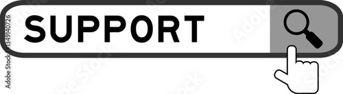 Search banner in word support with hand over magnifier icon on white background