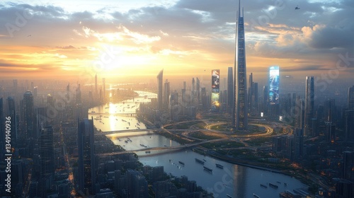 Futuristic Metropolis at Sunset: A breathtaking aerial view of a sprawling, technologically advanced city at sunset, showcasing a vibrant skyline and intricate infrastructure.