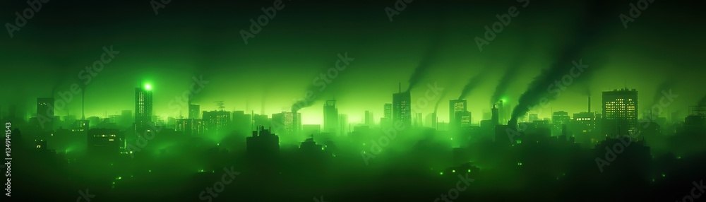 Fototapeta premium A dark, atmospheric cityscape shrouded in green hues and smoke, depicting industrial pollution and a dystopian environment.