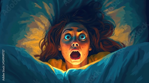 Scared woman showing exaggerated expression after nightmare