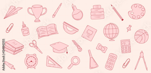 A set of hand-drawn school supplies icons. Education design coquette elements. Vector illustration.
