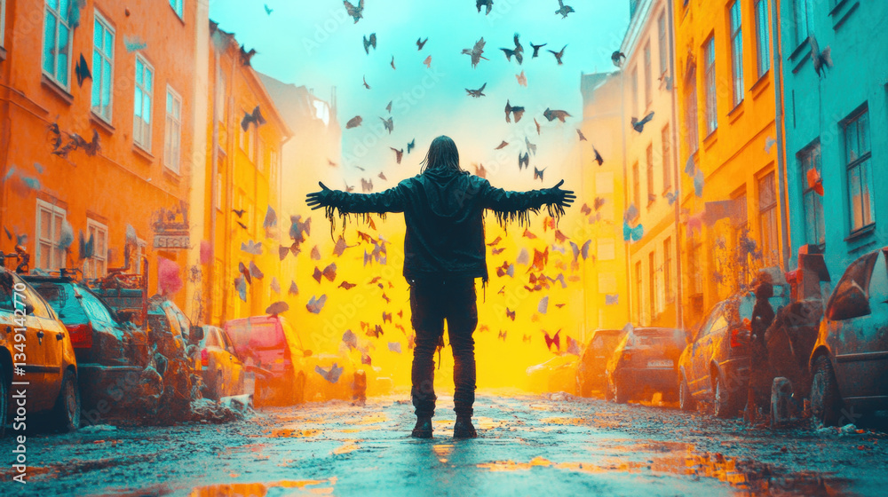 Obraz premium Dark chain pastel, A person standing in a pastel-colored Stockholm setting with high fidelity detail.