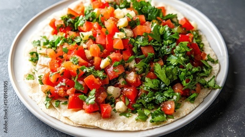Delicious fresh appetizer with chopped tomato parsley and onion served over flatbread for healthy eating
