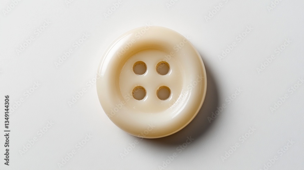 Close-up of a single, off-white, four-hole button on a white background. Close-up of a single, off-white, four-hole button on a white background.