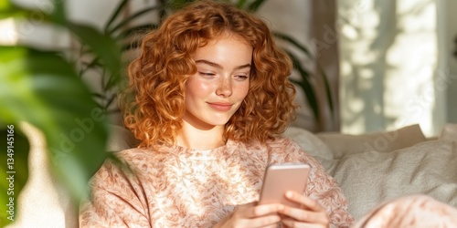 A serene redhead woman engr...