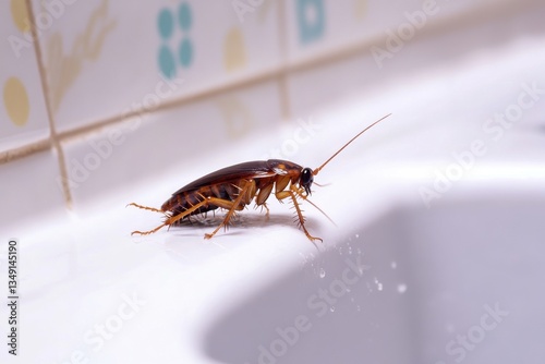Cockroach Crawling on Bathroom Sink with Water Droplets Nearby