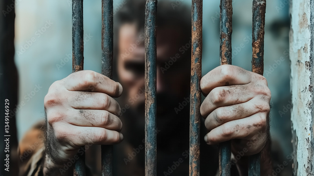 A man grips rusty prison bars with both hands, revealing a sense of desperation and confinement. The dim lighting creates a somber atmosphere, reflecting his struggle and hopelessness