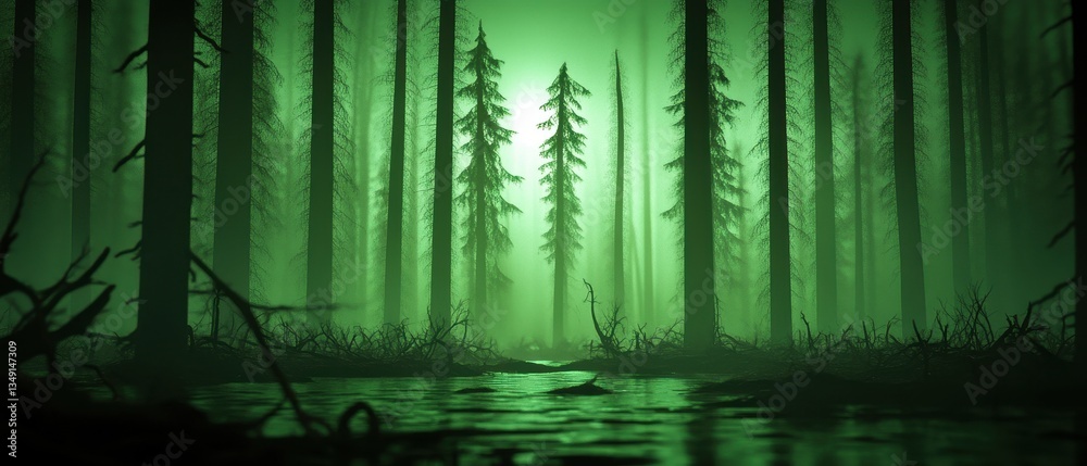 Obraz premium A mysterious forest scene bathed in green light, with tall trees and a reflective water surface, creating an eerie atmosphere.