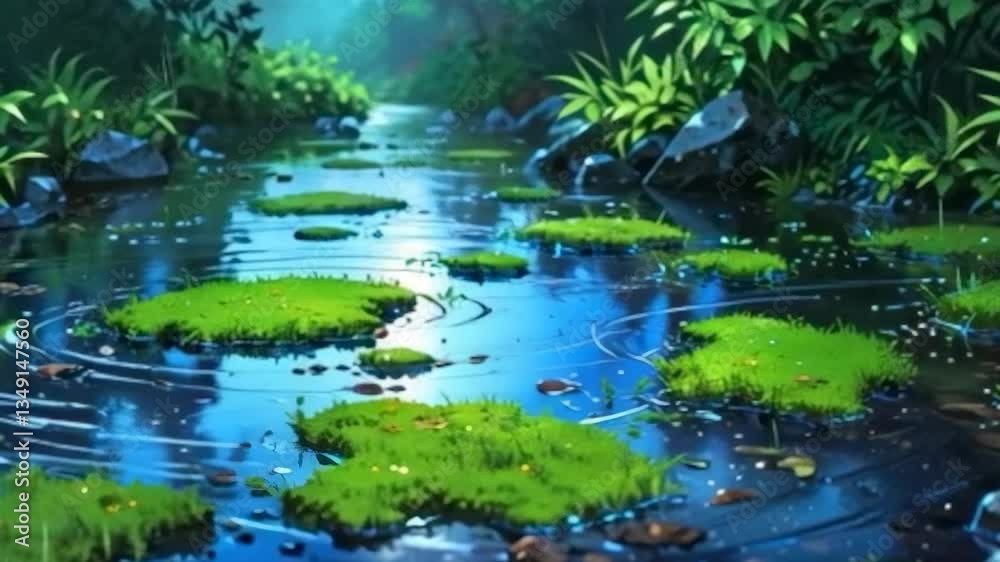 Peaceful forest scene with flowing stream and lush green trees