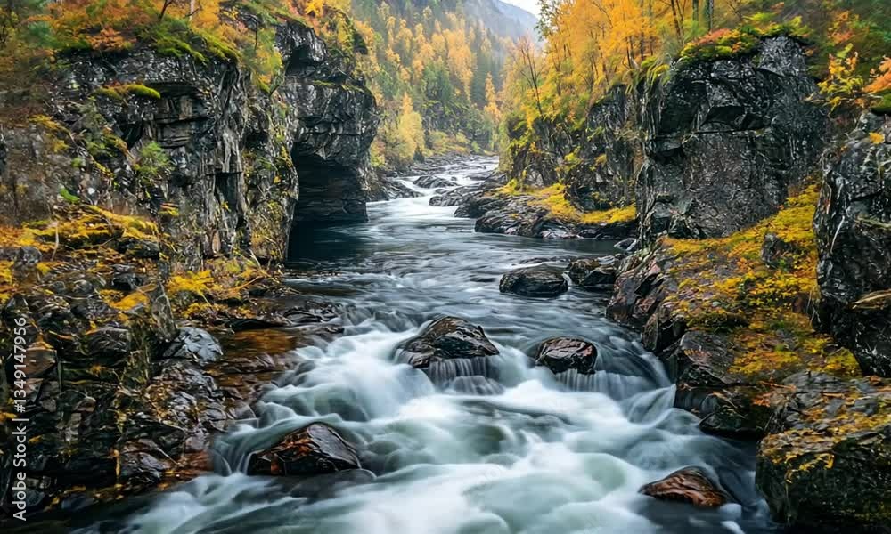 Autumnal River Gorge: A Serene Landscape in Nordic Nature Autumnal River Gorge: A Serene Landscape in Nordic Nature