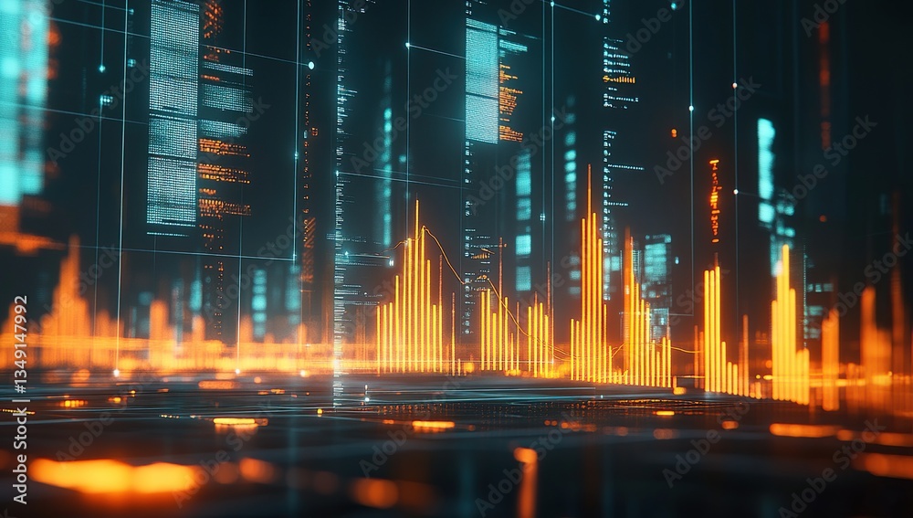 Obraz premium Futuristic Cityscape at Night with Glowing Neon Lights and Digital Data Streams