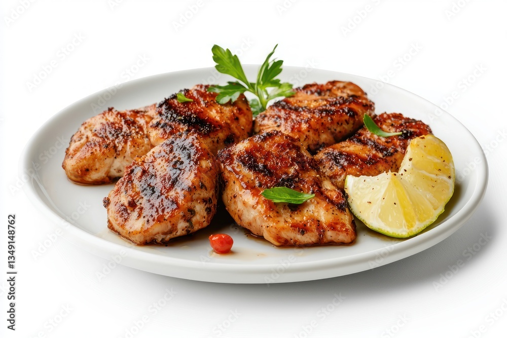 Delicious grilled chicken on white plate with lime slice and parsley garnish close up studio shot Delicious grilled chicken on white plate with lime slice and parsley garnish close up studio shot