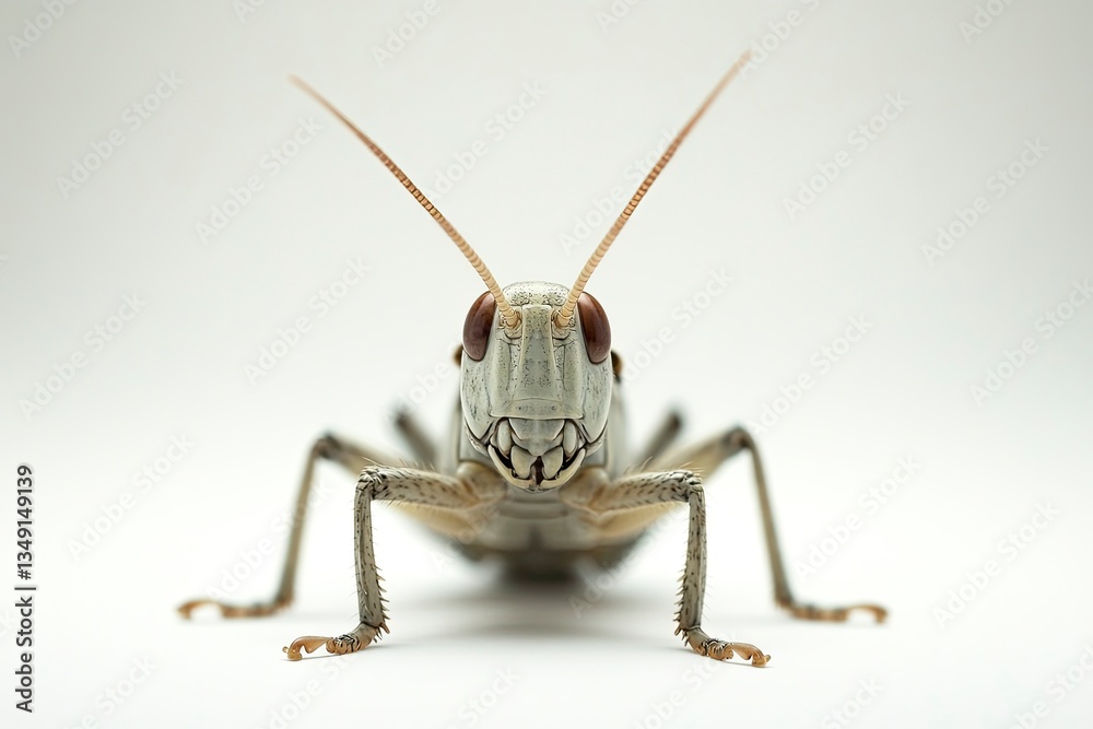 Fototapeta premium Detailed Closeup of Grasshopper Insect with Antennae on Clean White Backdrop