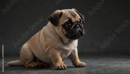 Adorable pug puppy sitting and looking at camera