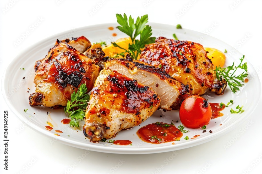 Delicious grilled chicken pieces on a plate served with tomato and parsley perfect food style appetizing photography culinary skill