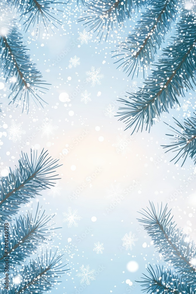 Winter Scene with Snowflakes and Pine Branches.