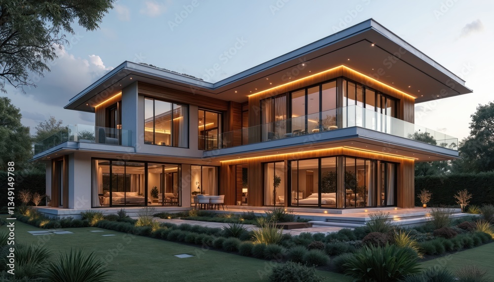 Fototapeta premium Modern luxurious dream house exterior at dusk with glass windows, door, balcony. Real estate investment property, rental, buy sell business, property for sale. Family home with interior design,