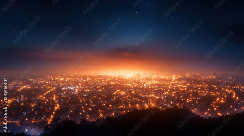 A panoramic night view of a vibrant city skyline illuminated by countless lights against a dark sky. A panoramic night view of a vibrant city skyline illuminated by countless lights against a dark sky.