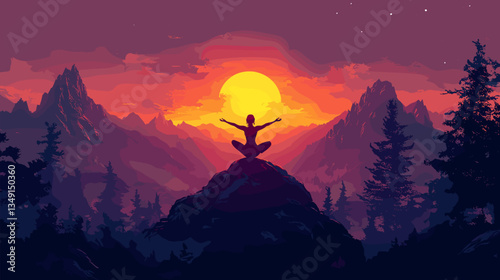 A silhouette of a person meditating on a mountain peak during a stunning sunset, symbolizing peace, mindfulness, and nature