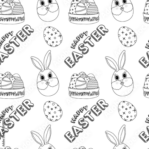 Monochrome seamless pattern featuring anthropomorphic Easter bunny eggs, decorated egg baskets and festive text. Perfect for coloring page, kids, wrapping paper, and holiday crafts.