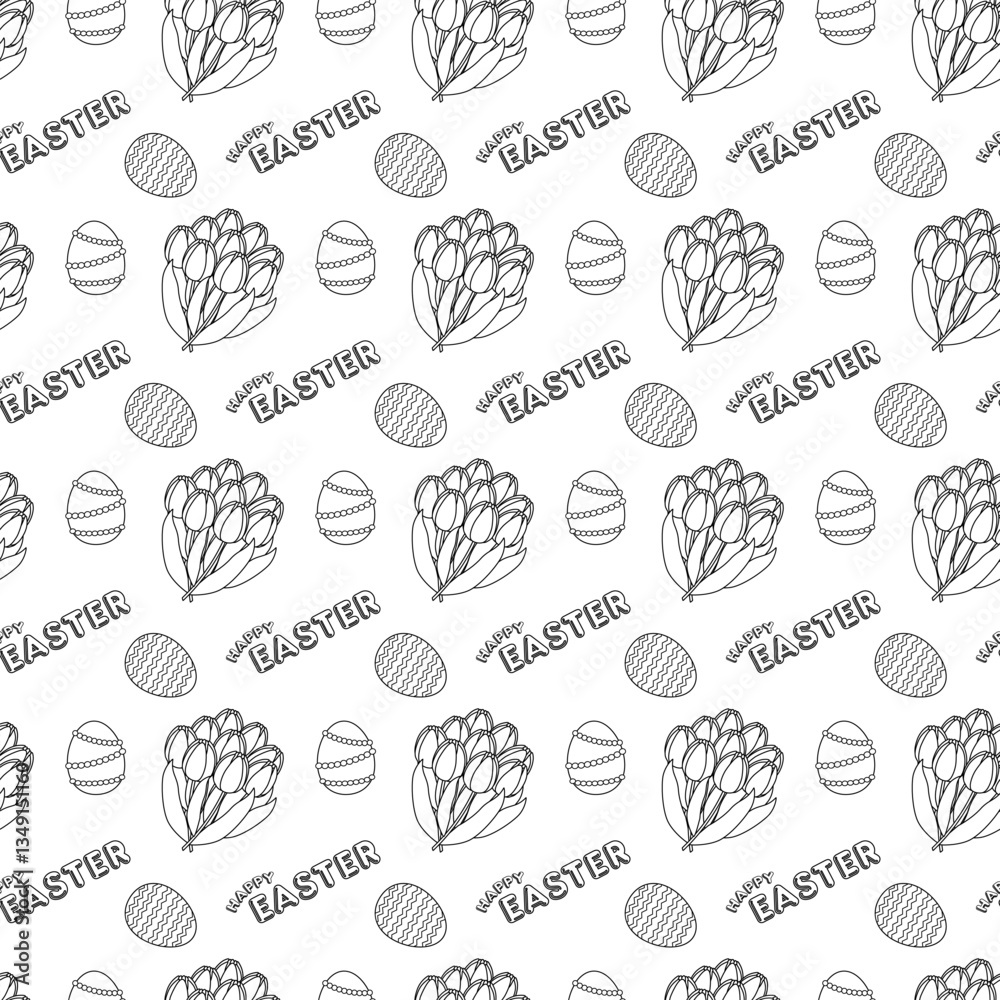 Monochrome seamless pattern featuring ornate Easter eggs, tulip bouquets, and - Happy Easter - text. Ideal for kids activities, coloring page and seasonal, festive holiday or springtime crafts. Monochrome seamless pattern featuring ornate Easter eggs, tulip bouquets, and - Happy Easter - text. Ideal for kids activities, coloring page and seasonal, festive holiday or springtime crafts.