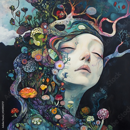 Surreal Painting of a Woman Emerging from a Flourishing Garden.