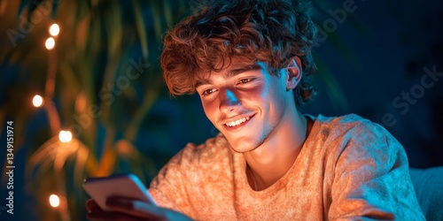 A smiling young man absorbe...