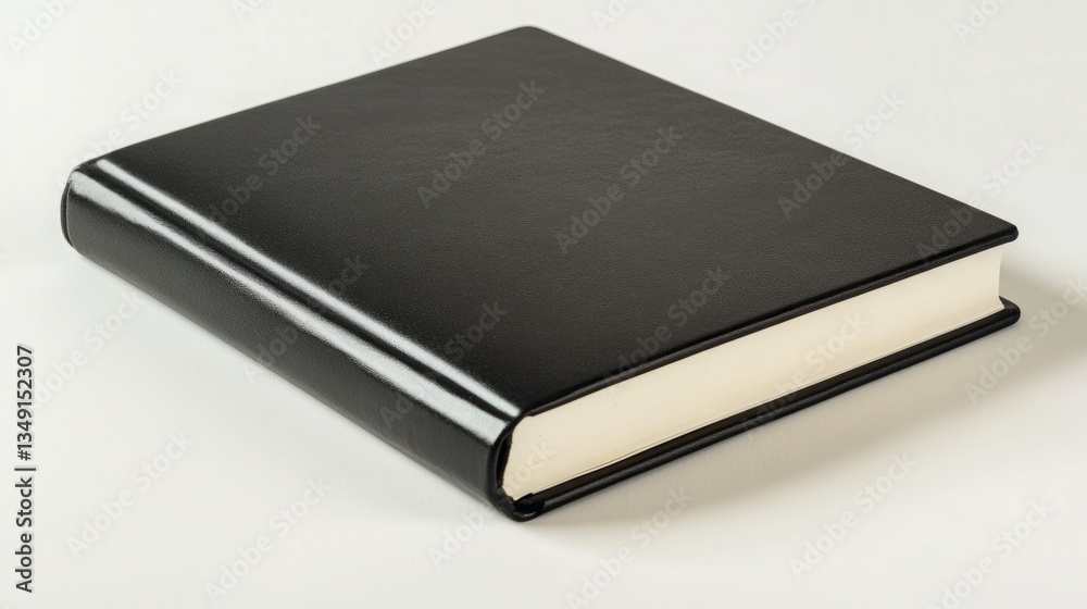 Elegant black leather-bound book with cream-colored pages rests on a white surface. A sophisticated and minimalist image. Elegant black leather-bound book with cream-colored pages rests on a white surface. A sophisticated and minimalist image.