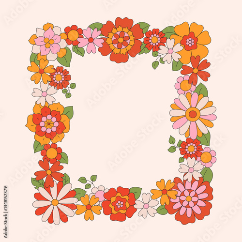 70s 60s retro groovy wreath of hippie daisy flowers. Floral square or rectangular frame on beige background. Hand drawn illustration border in vintage boho style