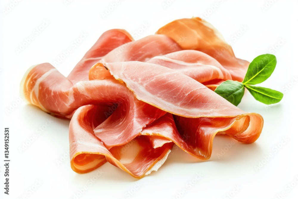 Slices of delicious dry cured jamon or prosciutto with fresh green basil leaves on a clean white surface Slices of delicious dry cured jamon or prosciutto with fresh green basil leaves on a clean white surface