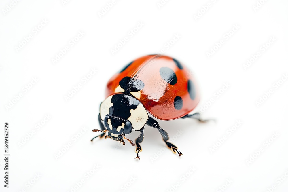 Closeup of a Ladybug with Red Shell and Black Spots on White
