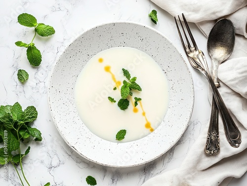 Elegant cream soup served on rustic plate with fresh mint garnish and antique silverware on marble background