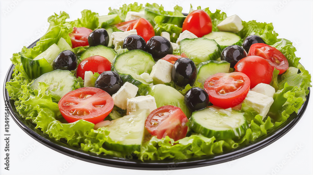 Fresh salad with cucumbers, tomatoes, olives, and feta cheese served on a black plate Fresh salad with cucumbers, tomatoes, olives, and feta cheese served on a black plate