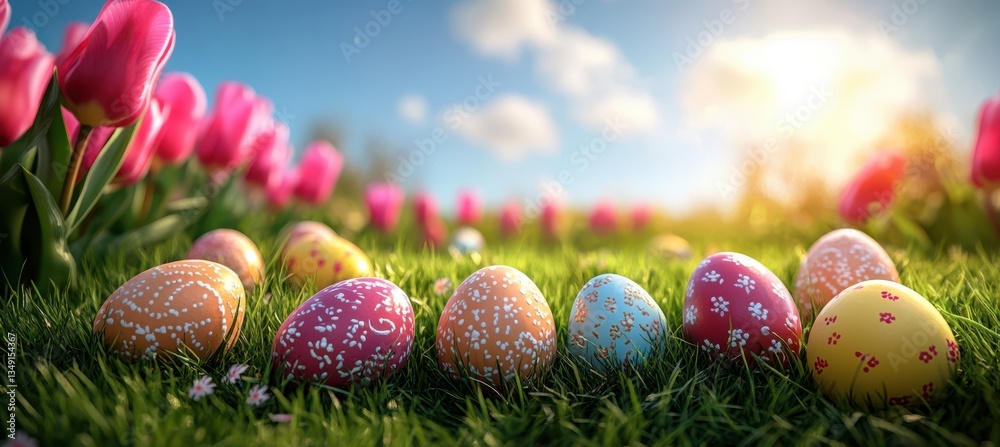 Easter Eggs and Tulips in Spring Grass..
