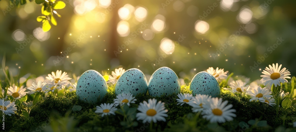 Easter eggs hidden in spring grass on a fuzzy bright background .